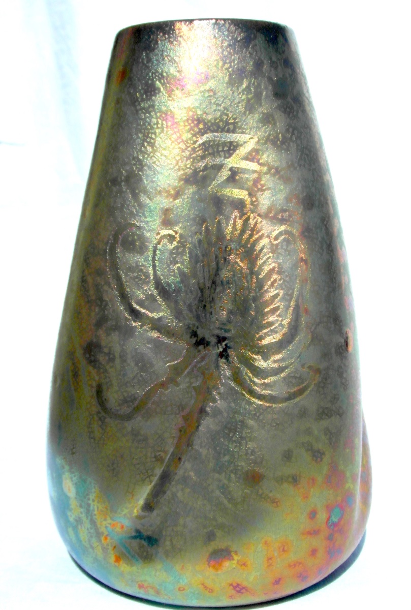 Rare vase aux chardons en céramique irisée Aire-Belle, , vers 1900, parfait era Massier Daum -photo-3