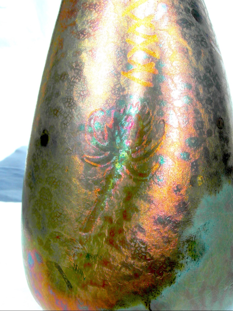 Rare vase aux chardons en céramique irisée Aire-Belle, , vers 1900, parfait era Massier Daum -photo-1