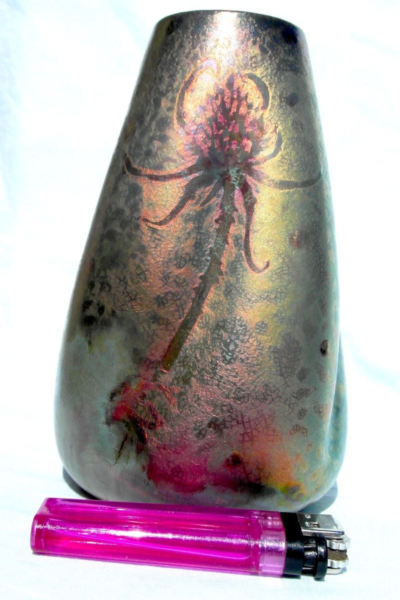 Rare vase aux chardons en céramique irisée Aire-Belle, , vers 1900, parfait era Massier Daum -photo-3