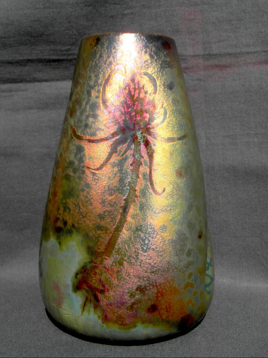 Rare vase aux chardons en céramique irisée Aire-Belle, , vers 1900, parfait era Massier Daum -photo-4
