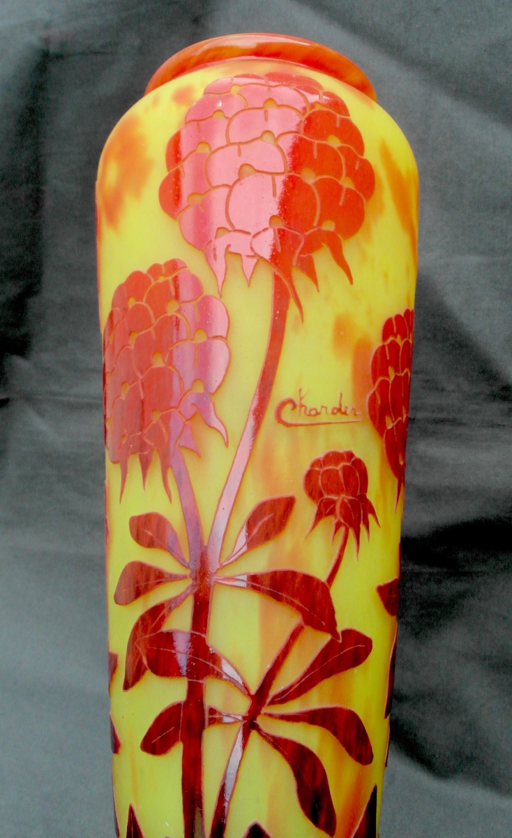 Large Peony-patterned Vase By Le Verre Français Charder, 38.5 Cm, Era Daum Galle Art Deco-photo-3