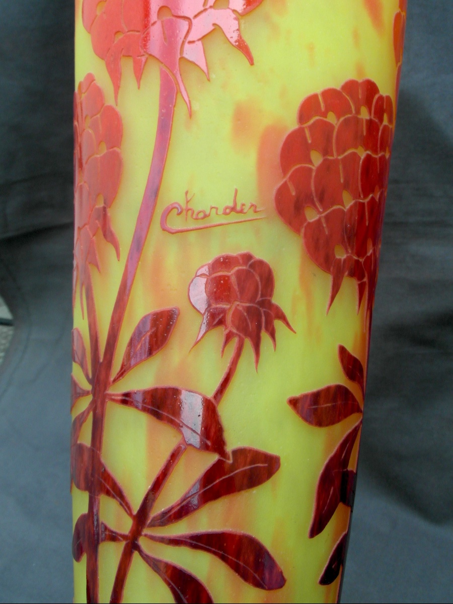 Large Peony-patterned Vase By Le Verre Français Charder, 38.5 Cm, Era Daum Galle Art Deco-photo-4