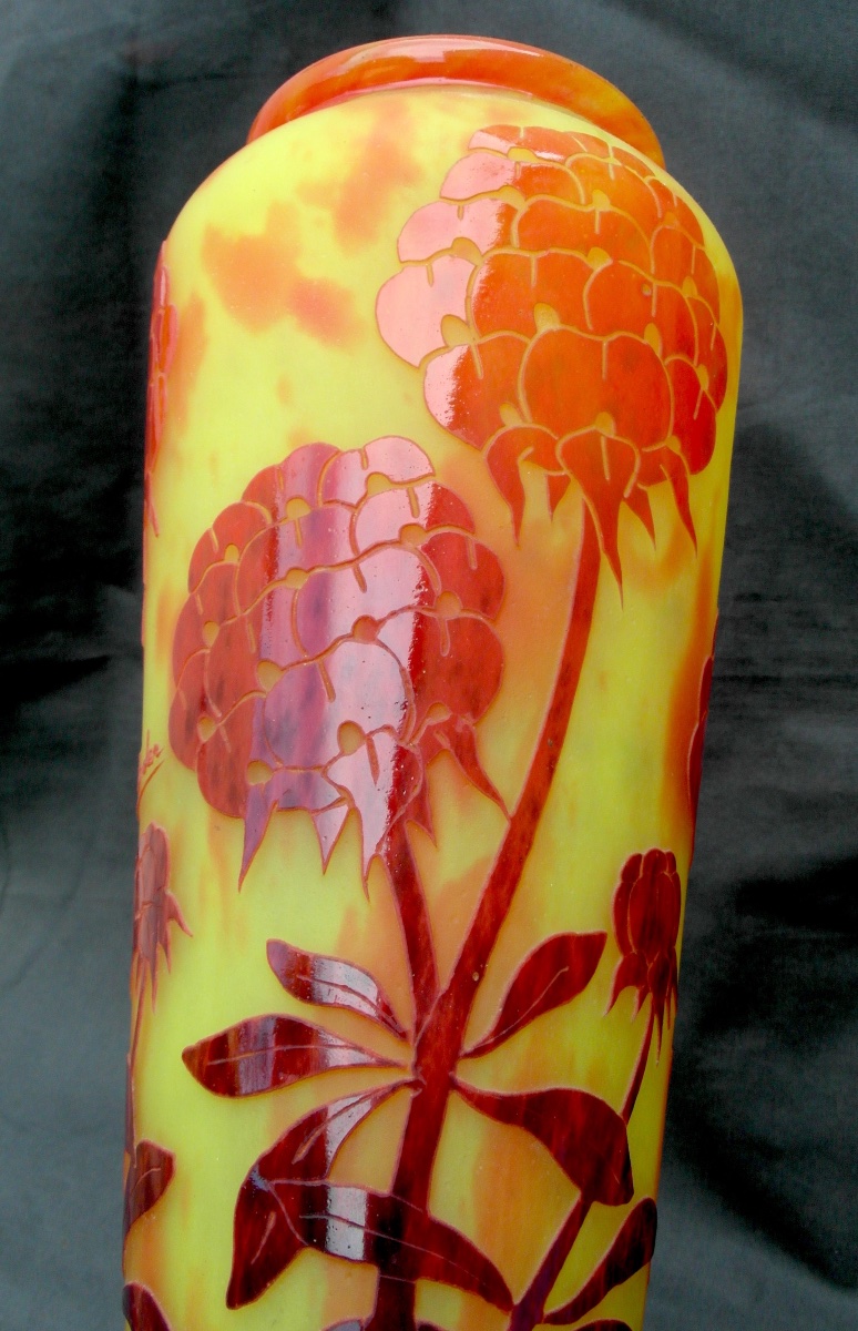Large Peony-patterned Vase By Le Verre Français Charder, 38.5 Cm, Era Daum Galle Art Deco-photo-1