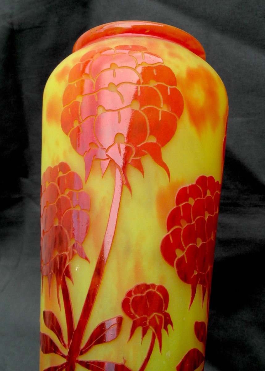Large Peony-patterned Vase By Le Verre Français Charder, 38.5 Cm, Era Daum Galle Art Deco-photo-3