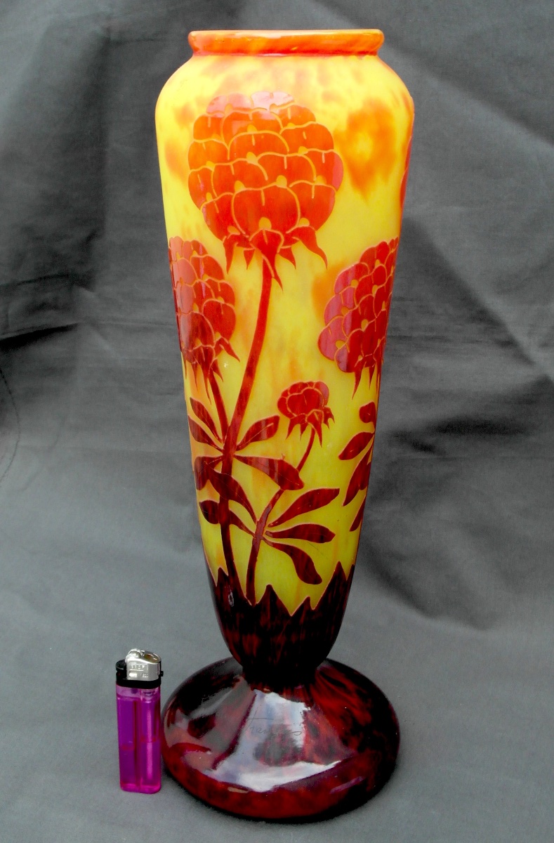 Large Peony-patterned Vase By Le Verre Français Charder, 38.5 Cm, Era Daum Galle Art Deco-photo-4