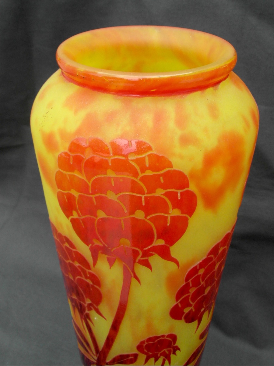 Large Peony-patterned Vase By Le Verre Français Charder, 38.5 Cm, Era Daum Galle Art Deco-photo-5