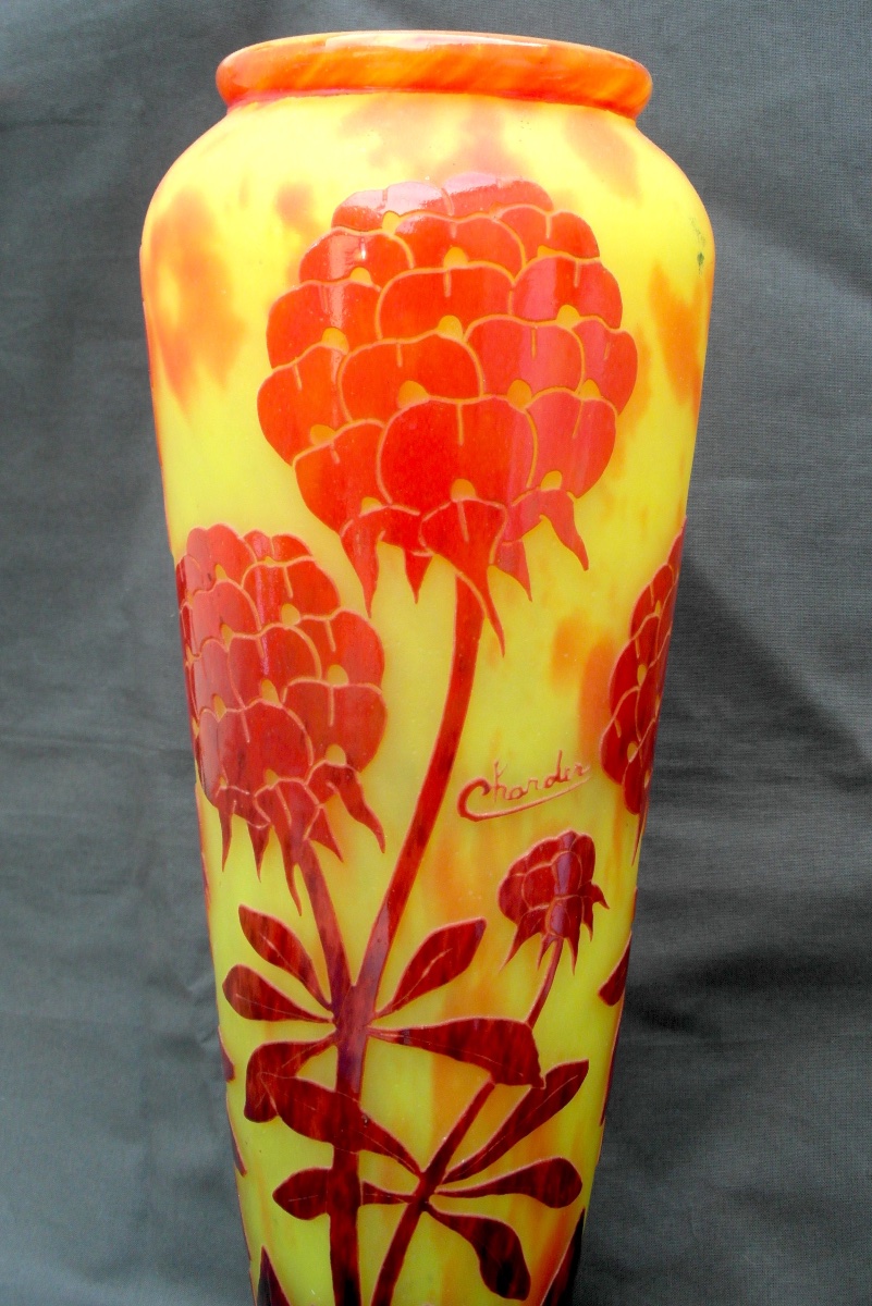 Large Peony-patterned Vase By Le Verre Français Charder, 38.5 Cm, Era Daum Galle Art Deco
