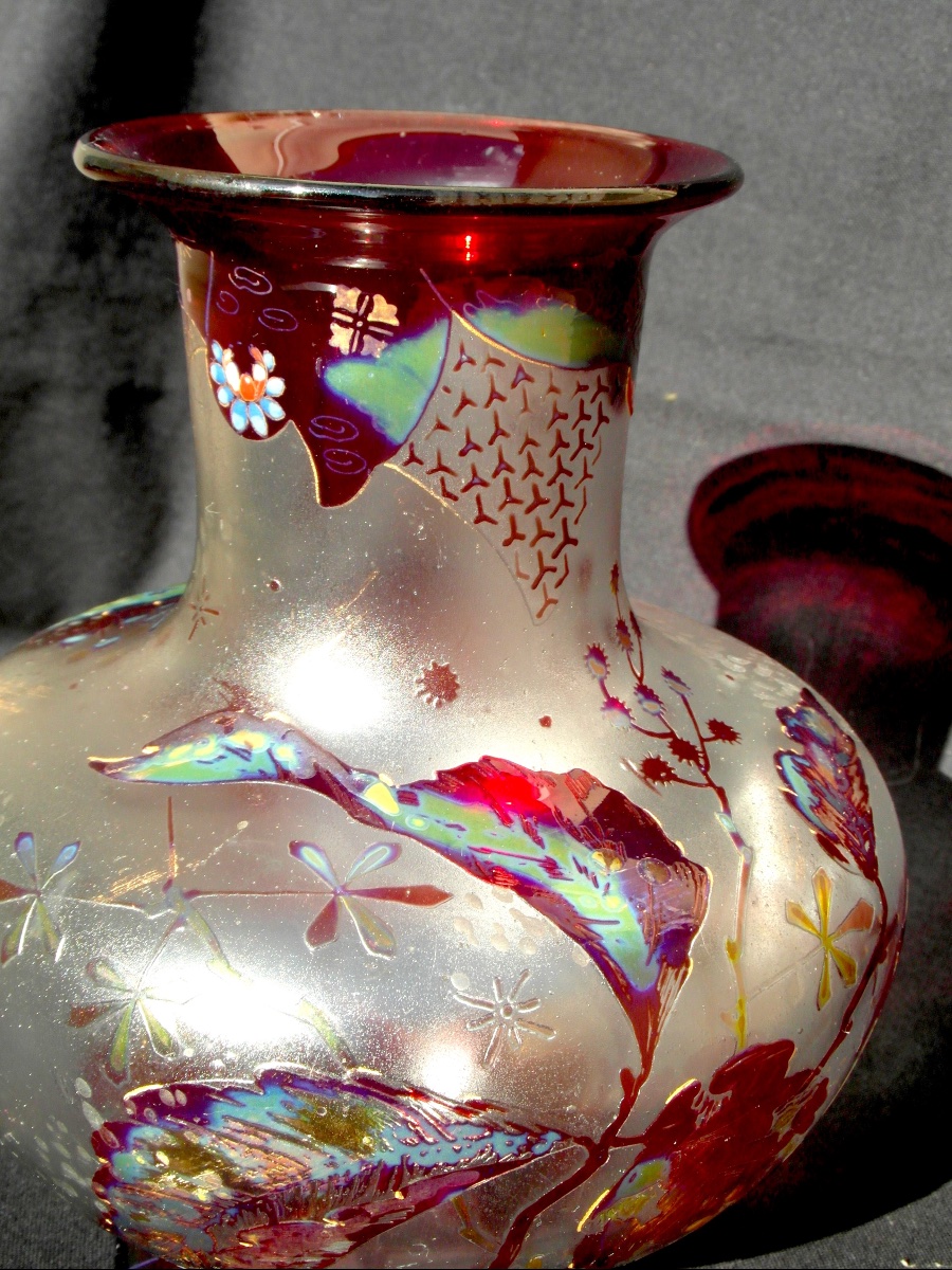 Rare vase art-nouveau à décor gravé, émaillé et irisé par Vallerysthal, vers 1895, era Galle-photo-2