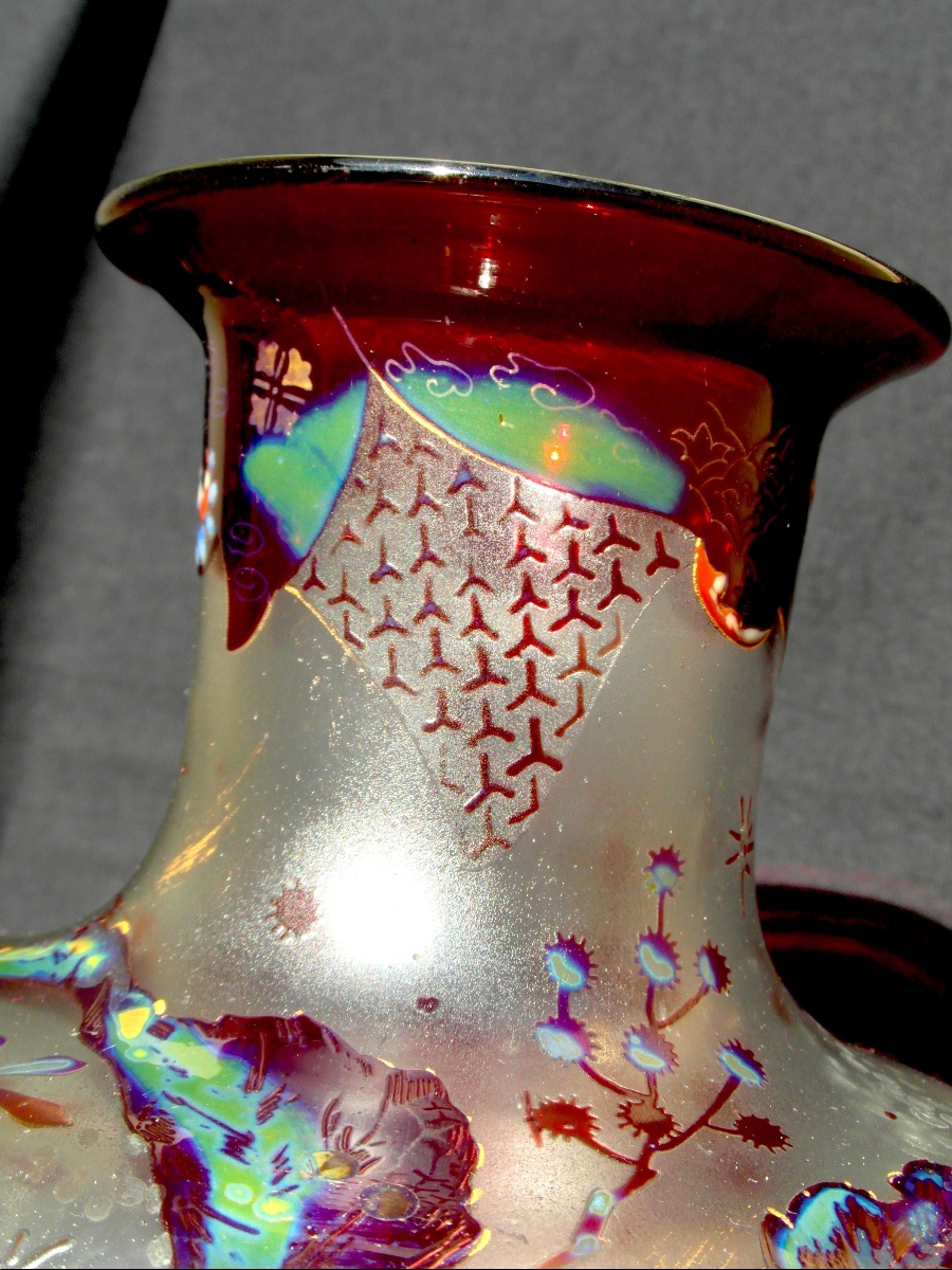 Rare vase art-nouveau à décor gravé, émaillé et irisé par Vallerysthal, vers 1895, era Galle-photo-4