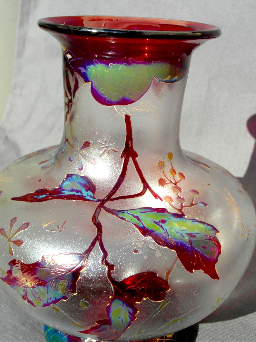 Rare vase art-nouveau à décor gravé, émaillé et irisé par Vallerysthal, vers 1895, era Galle-photo-6