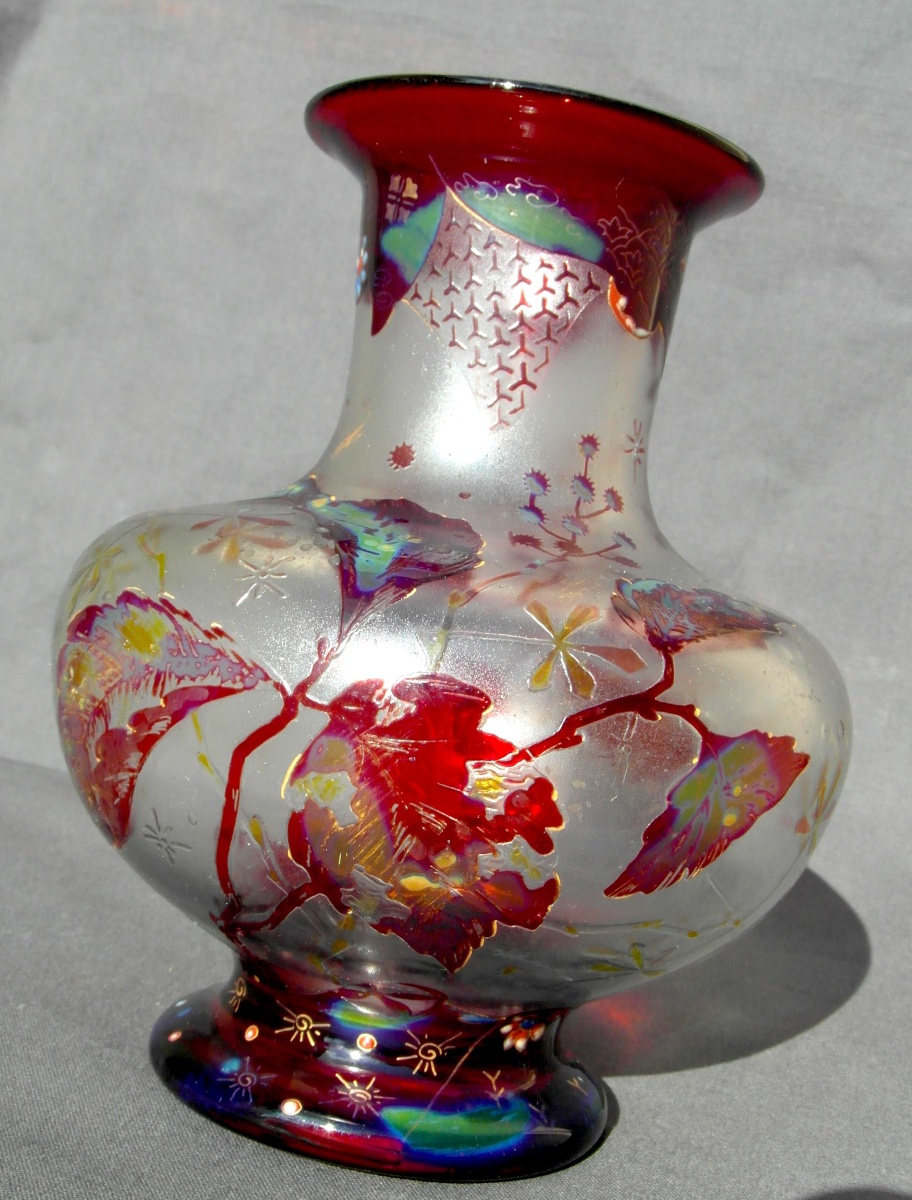 Rare vase art-nouveau à décor gravé, émaillé et irisé par Vallerysthal, vers 1895, era Galle-photo-7