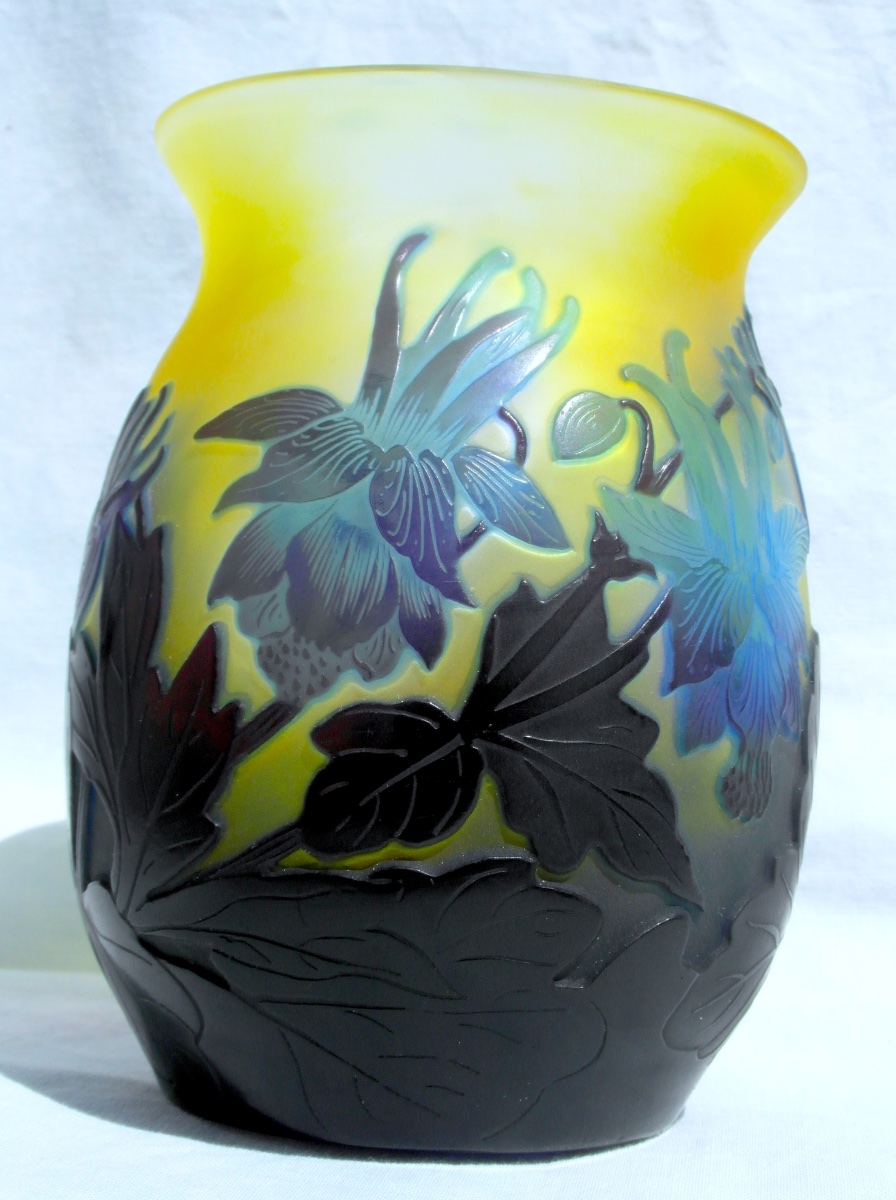 Art Nouveau Vase With Blue Columbines By Galle, In Perfect Condition, Circa 1900-photo-2