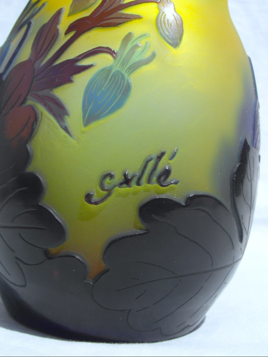 Art Nouveau Vase With Blue Columbines By Galle, In Perfect Condition, Circa 1900-photo-4