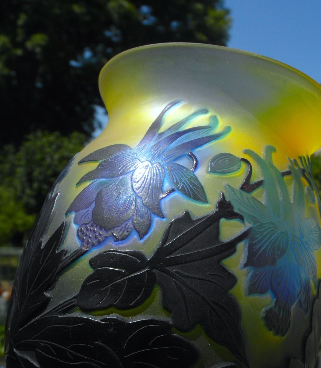 Art Nouveau Vase With Blue Columbines By Galle, In Perfect Condition, Circa 1900-photo-4