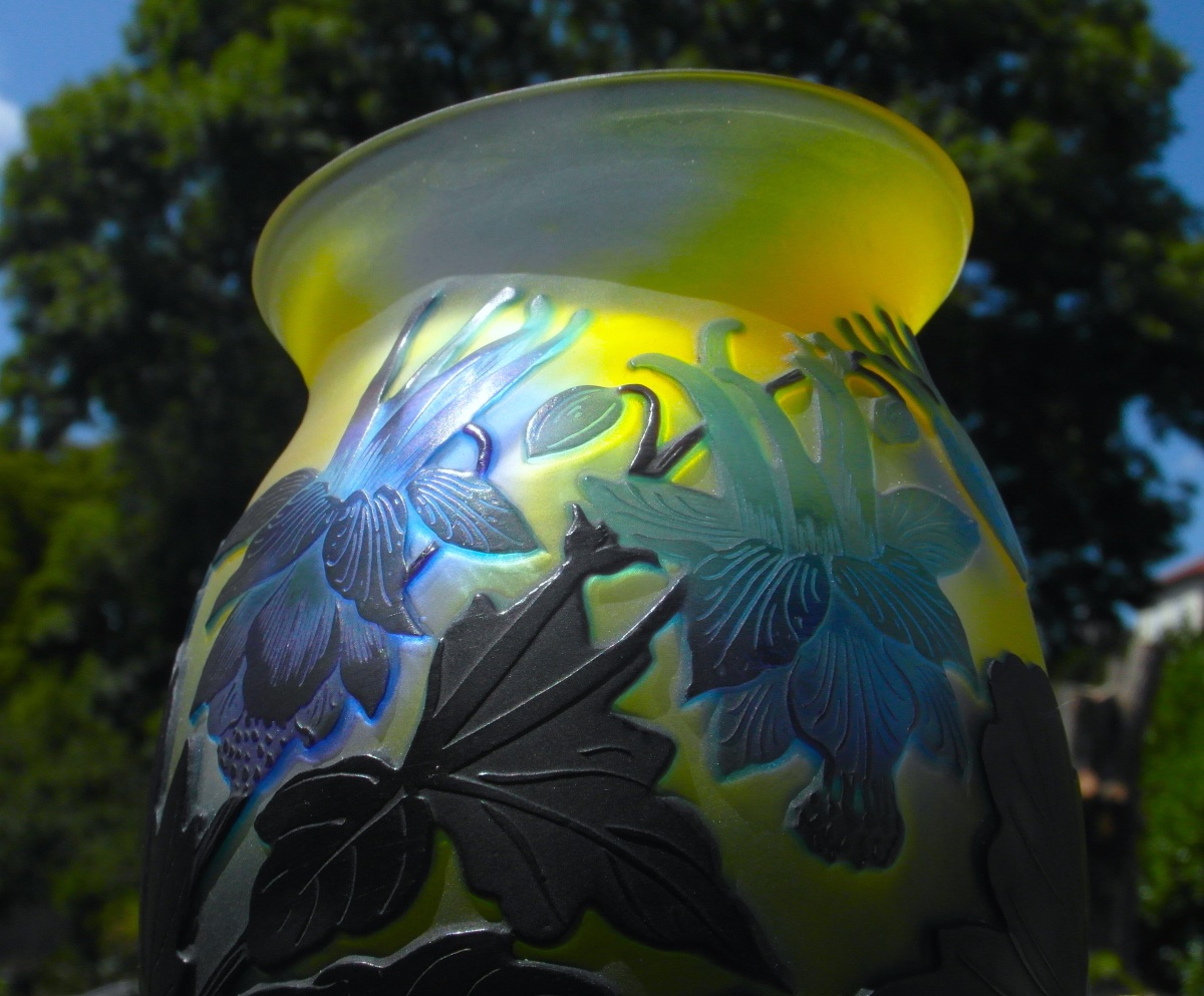 Art Nouveau Vase With Blue Columbines By Galle, In Perfect Condition, Circa 1900-photo-5