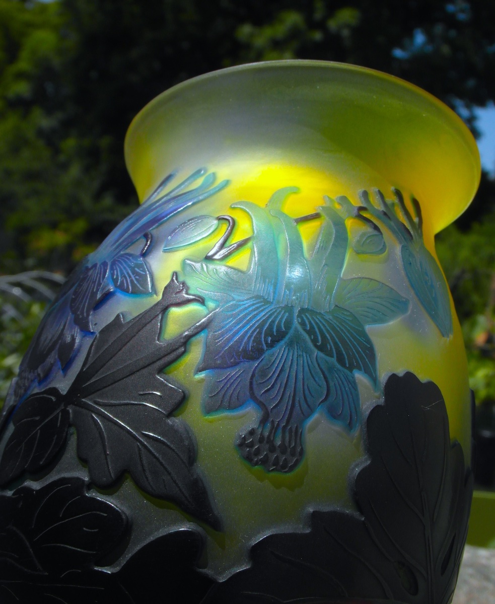 Art Nouveau Vase With Blue Columbines By Galle, In Perfect Condition, Circa 1900-photo-6