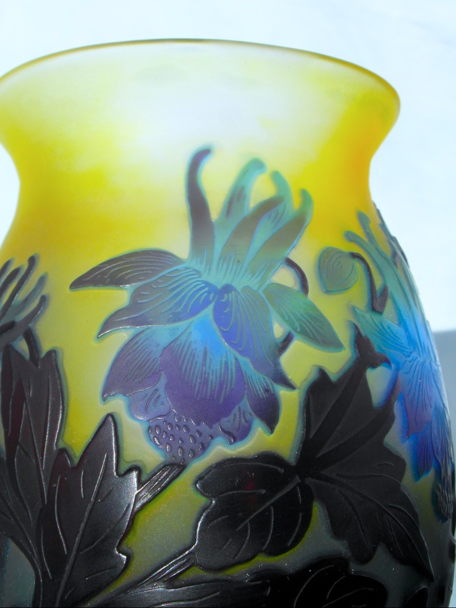 Art Nouveau Vase With Blue Columbines By Galle, In Perfect Condition, Circa 1900