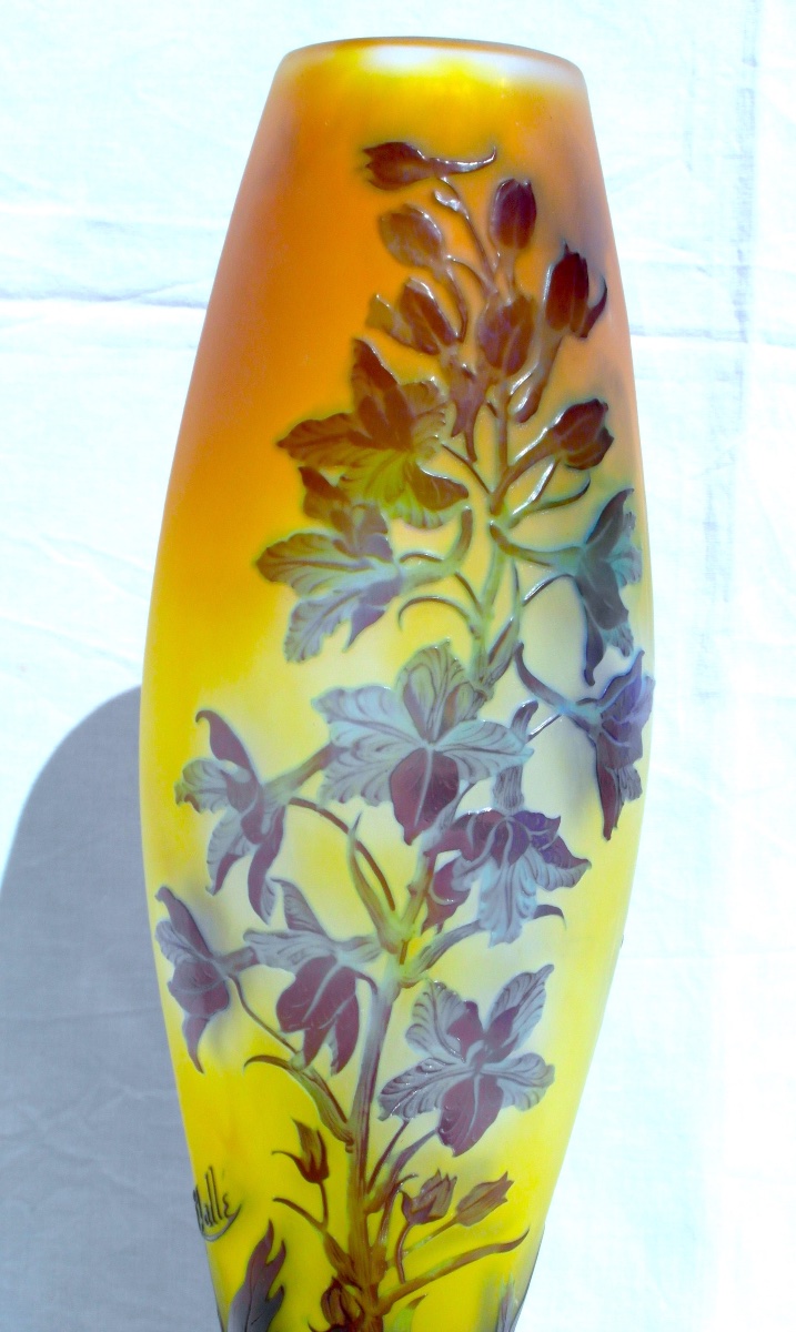 Large Art Nouveau Vase With Gentians By Gallé, In Perfect Condition, 44.5 Cm, Circa 1900, Daum Era -photo-2