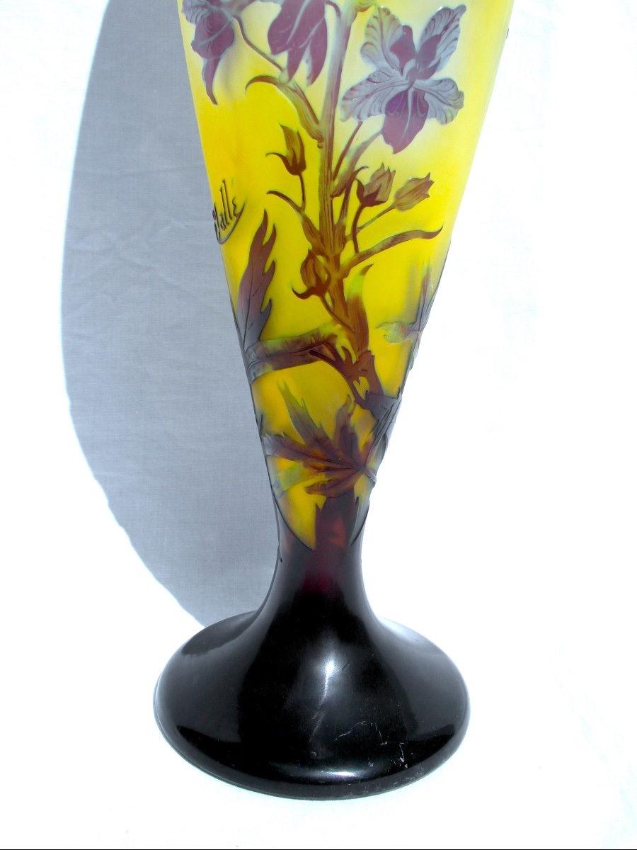 Large Art Nouveau Vase With Gentians By Gallé, In Perfect Condition, 44.5 Cm, Circa 1900, Daum Era -photo-3
