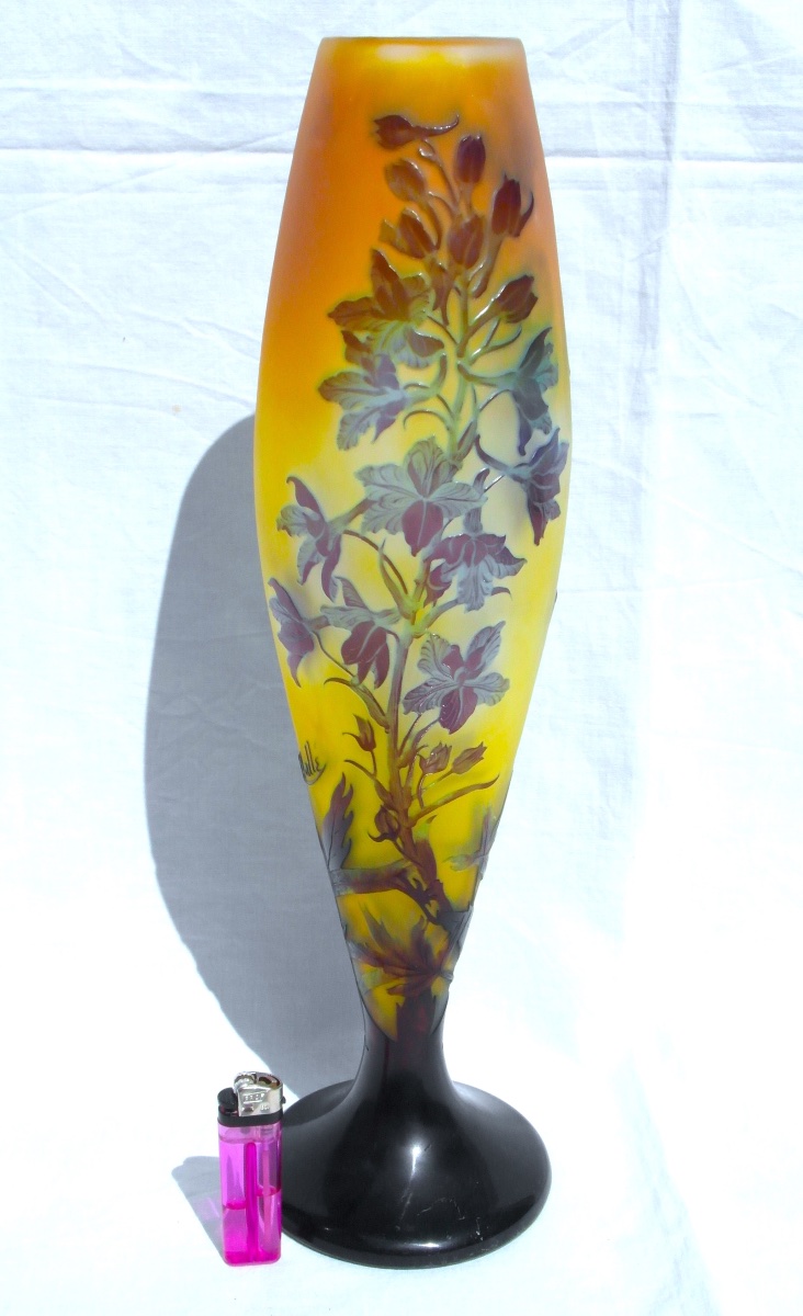 Large Art Nouveau Vase With Gentians By Gallé, In Perfect Condition, 44.5 Cm, Circa 1900, Daum Era -photo-4