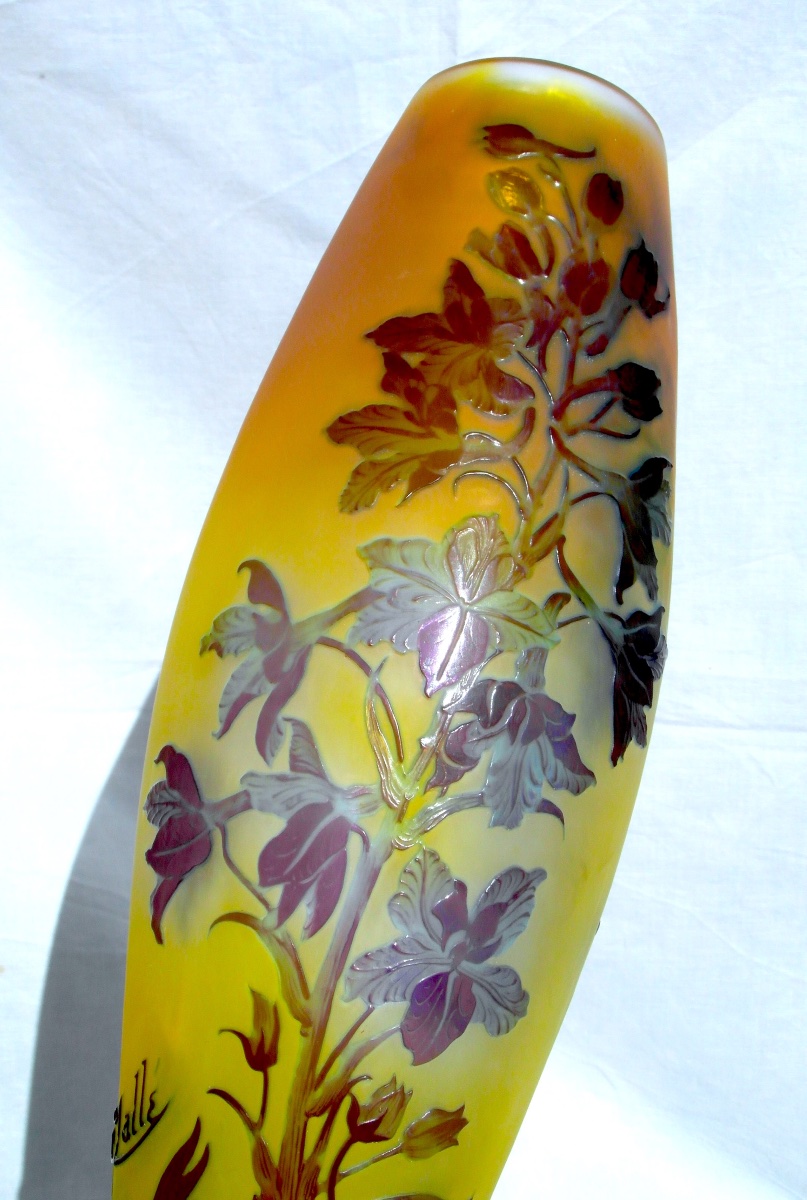 Large Art Nouveau Vase With Gentians By Gallé, In Perfect Condition, 44.5 Cm, Circa 1900, Daum Era -photo-5