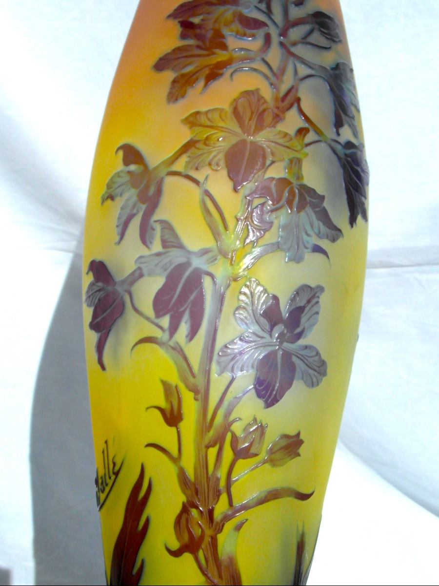 Large Art Nouveau Vase With Gentians By Gallé, In Perfect Condition, 44.5 Cm, Circa 1900, Daum Era -photo-6