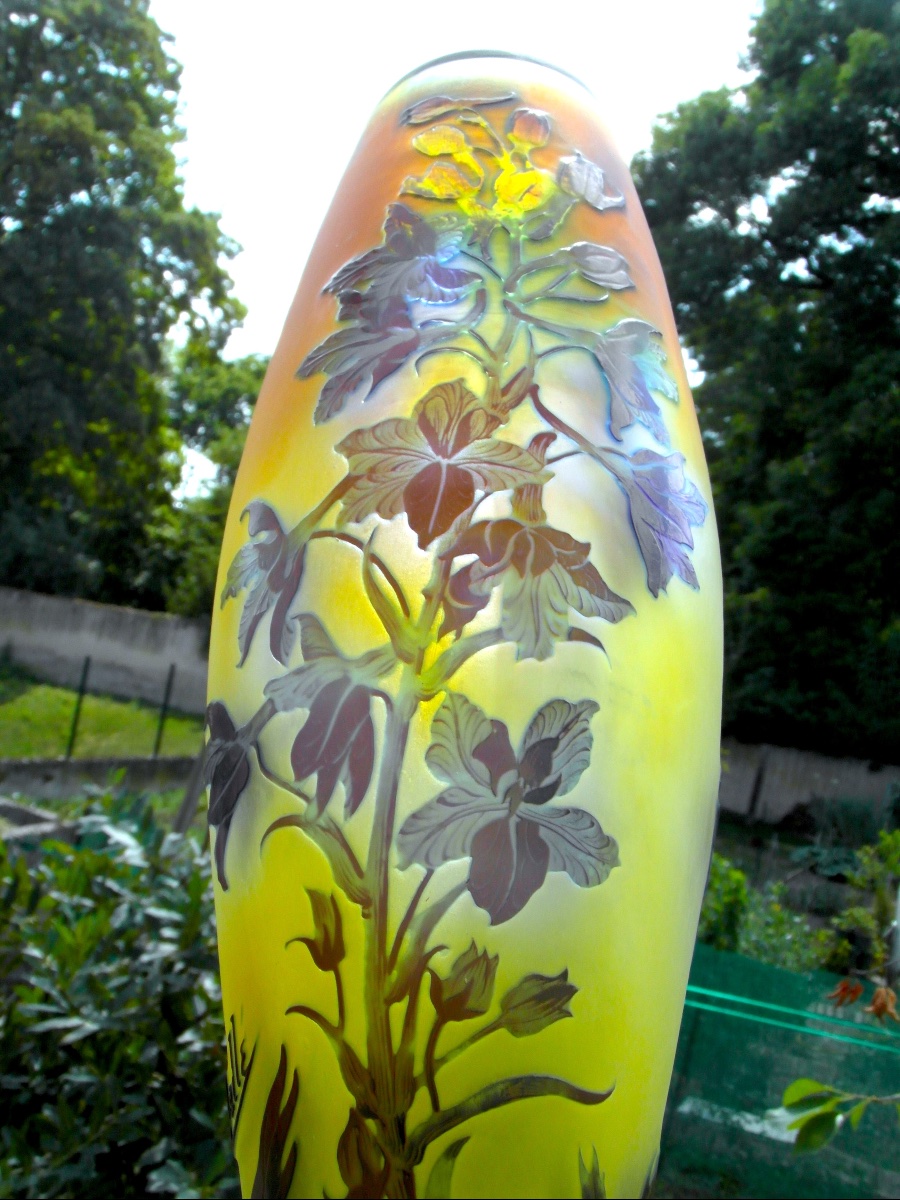 Large Art Nouveau Vase With Gentians By Gallé, In Perfect Condition, 44.5 Cm, Circa 1900, Daum Era -photo-7