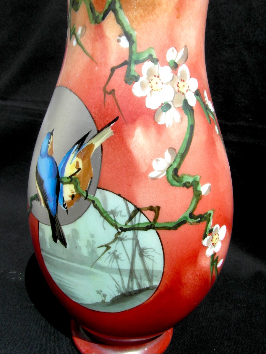 Rare vase Baccarat En Opaline, "mésanges Aux Pommiers", 1880,  Era Daum Galle art-nouveau-photo-3