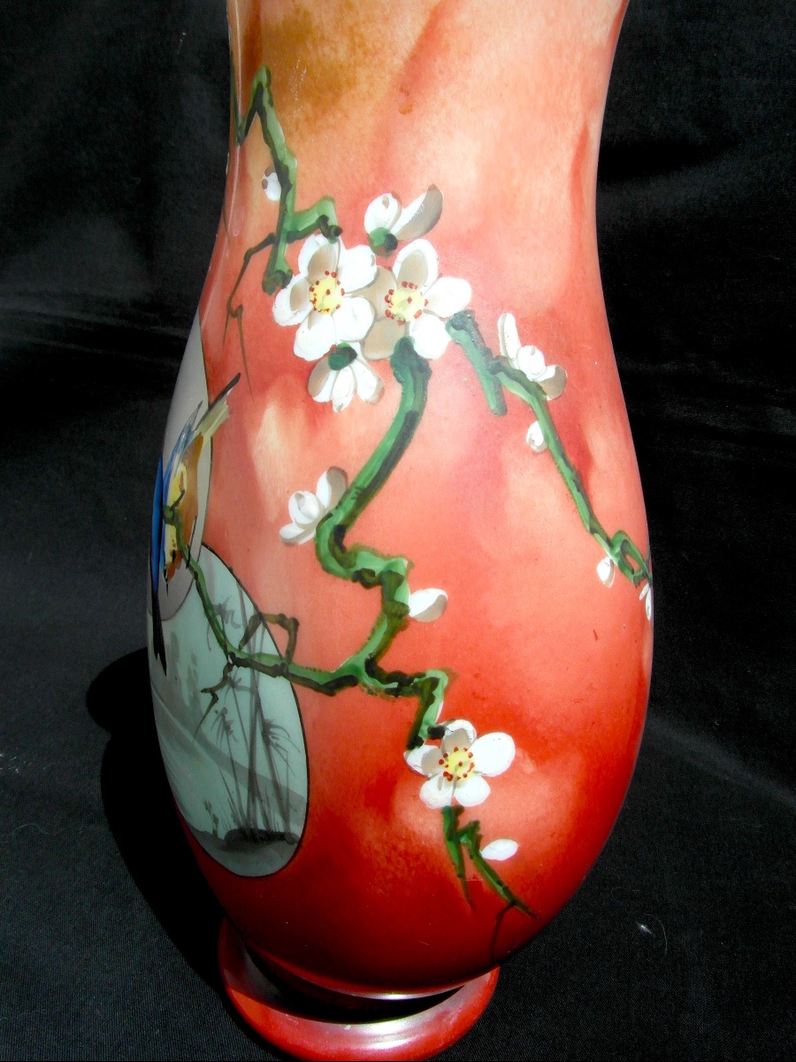 Rare vase Baccarat En Opaline, "mésanges Aux Pommiers", 1880,  Era Daum Galle art-nouveau-photo-4