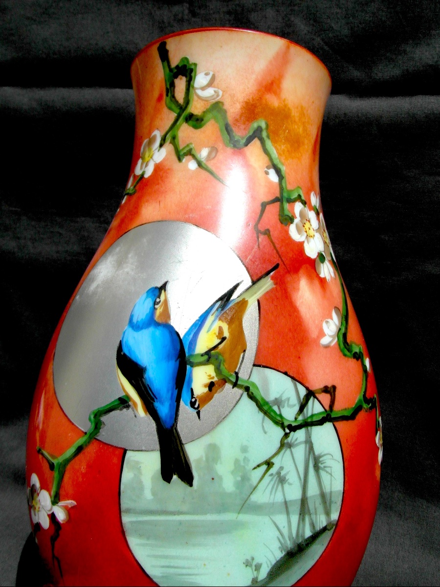 Rare vase Baccarat En Opaline, "mésanges Aux Pommiers", 1880,  Era Daum Galle art-nouveau