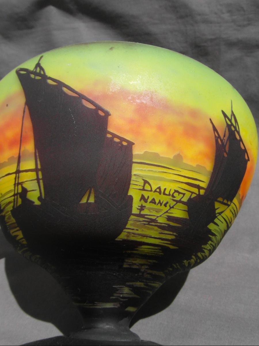 Haute coupe aux 3 couleurs, "voiliers sur la baie de Venise"par Daum,  parfait, era Galle 1900