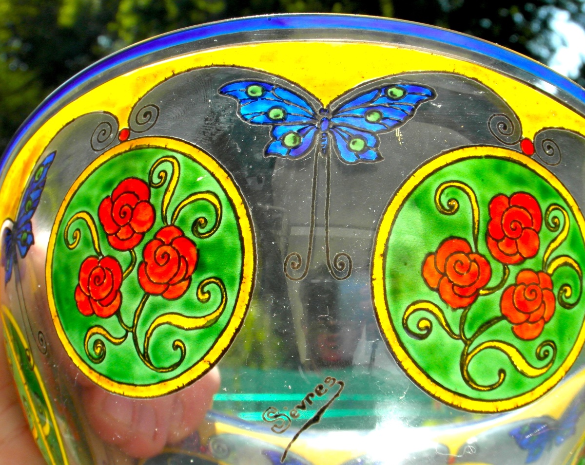  Art Deco "roses And Butterflies" Vase By The Sèvres Crystal Works, Daum Gallé Era, 1920-photo-6