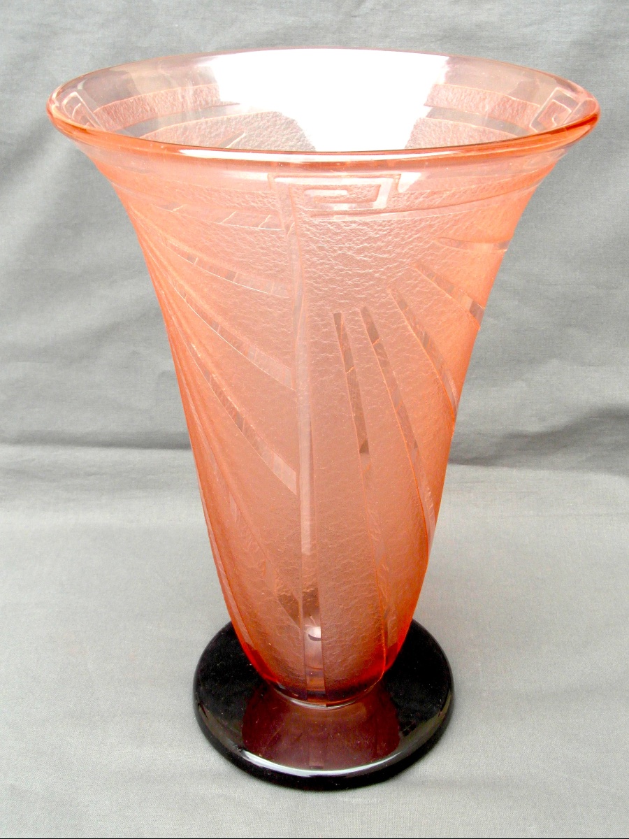 Grand vase art-déco gravé, modèle "louxor" par Schneider, Vers 1928-1930, era Daum Gallé-photo-3
