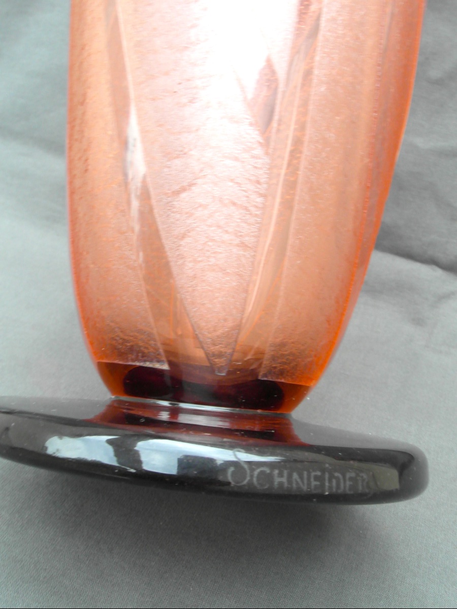 Grand vase art-déco gravé, modèle "louxor" par Schneider, Vers 1928-1930, era Daum Gallé-photo-3