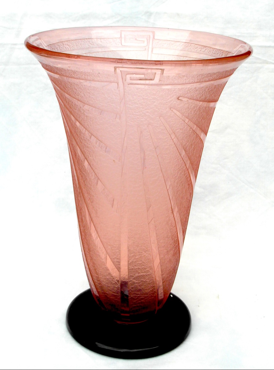 Grand vase art-déco gravé, modèle "louxor" par Schneider, Vers 1928-1930, era Daum Gallé-photo-4