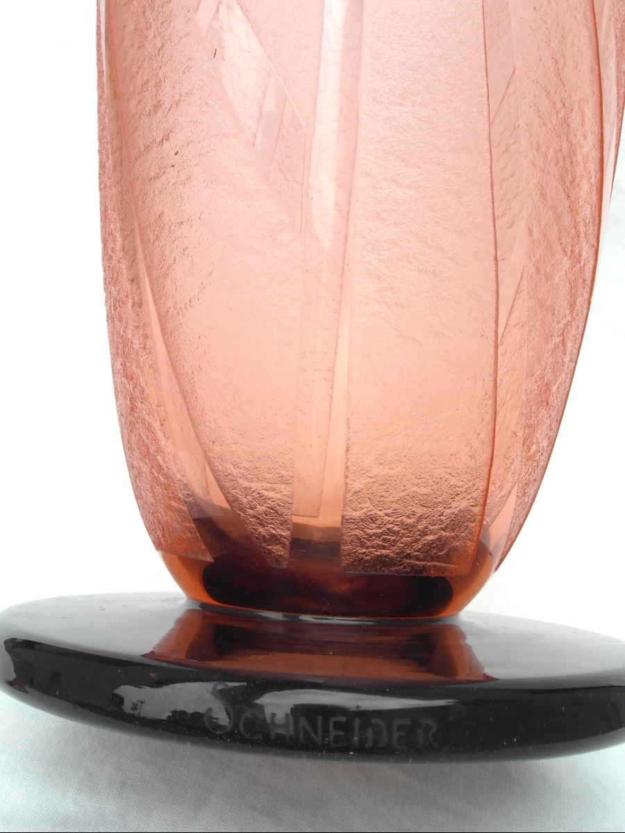 Grand vase art-déco gravé, modèle "louxor" par Schneider, Vers 1928-1930, era Daum Gallé-photo-5