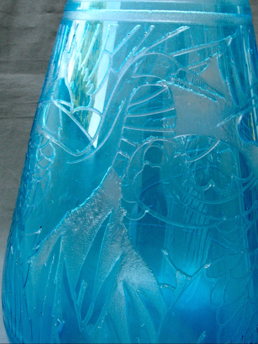 Gros Vase Art-déco à Décor de hérons  en verre gravé par DELATTE, 35 cm, Era Daum Lalique -photo-3