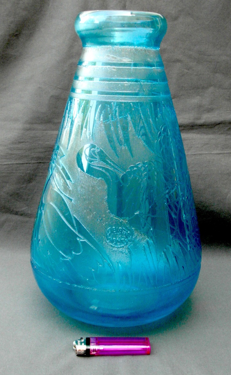 Gros Vase Art-déco à Décor de hérons  en verre gravé par DELATTE, 35 cm, Era Daum Lalique -photo-1
