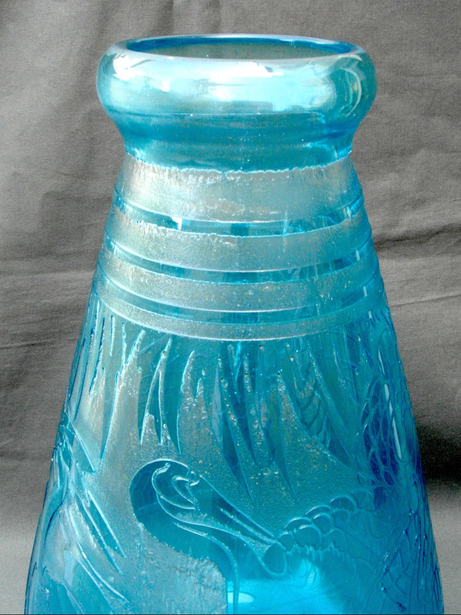 Gros Vase Art-déco à Décor de hérons  en verre gravé par DELATTE, 35 cm, Era Daum Lalique -photo-2