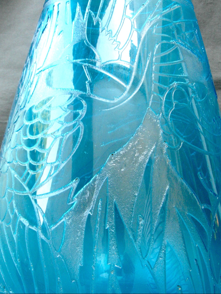 Gros Vase Art-déco à Décor de hérons  en verre gravé par DELATTE, 35 cm, Era Daum Lalique -photo-3