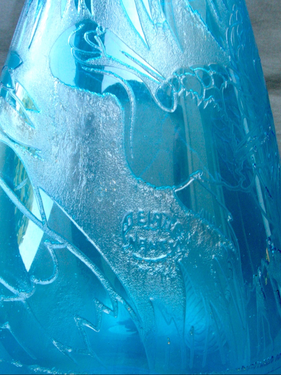 Gros Vase Art-déco à Décor de hérons  en verre gravé par DELATTE, 35 cm, Era Daum Lalique -photo-5