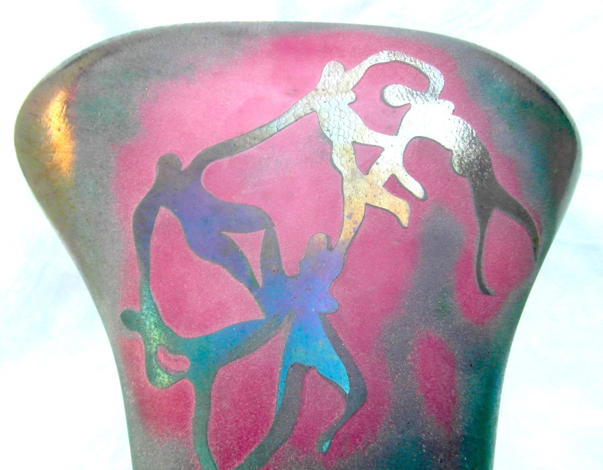 Rare "la Farandole" Vase By Ada Loumani, Engraved And Iridescent, Era Novaro, Daum, Mallemouche, Biot