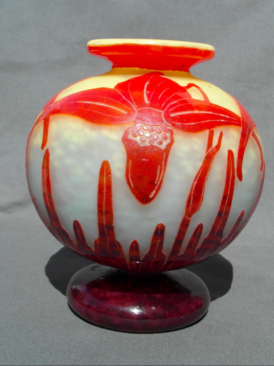 Art Deco Ball Vase With Orchid Decoration By Schneider, French Glass, Circa 1920, Daum-photo-2