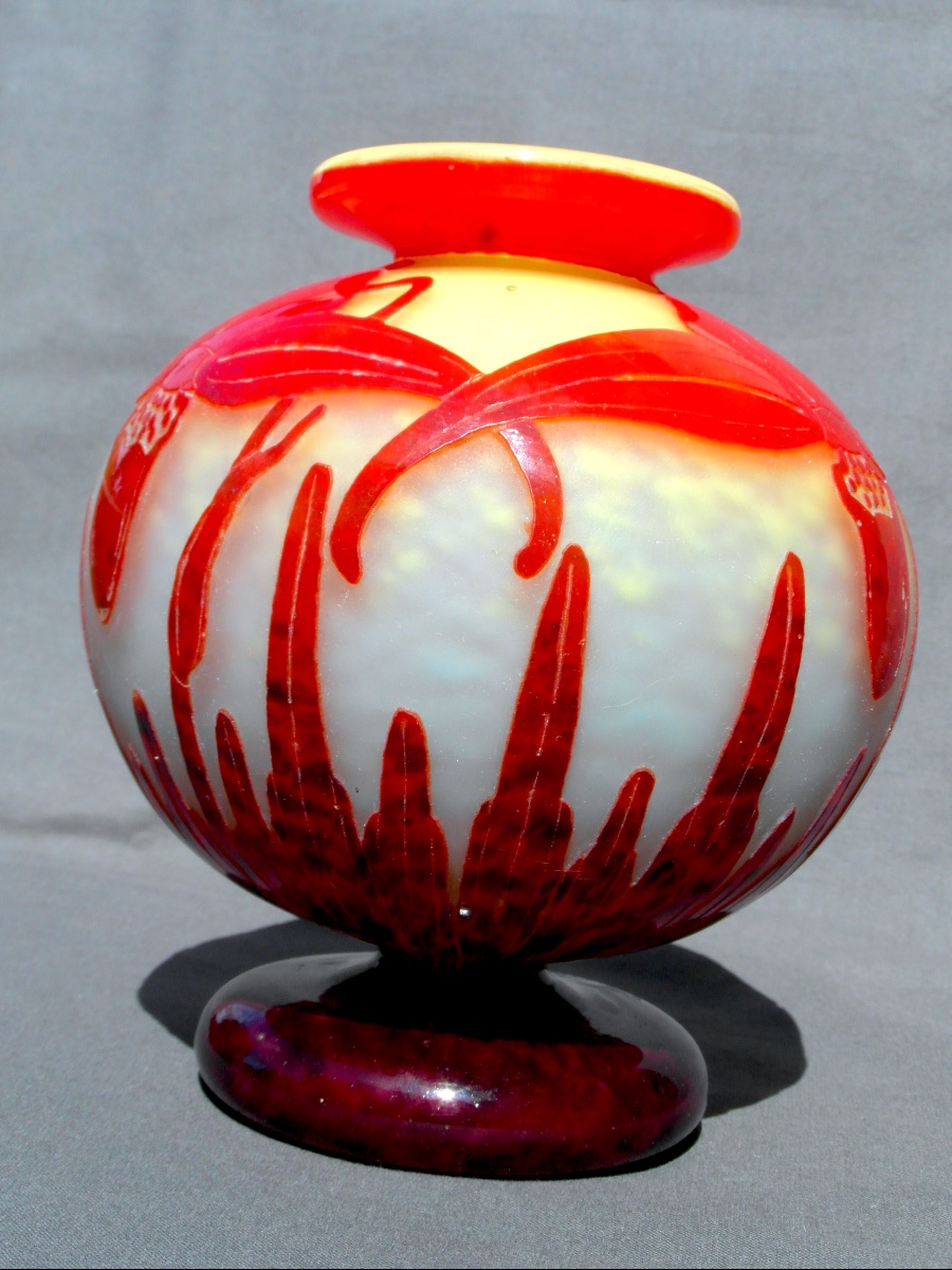 Art Deco Ball Vase With Orchid Decoration By Schneider, French Glass, Circa 1920, Daum-photo-3