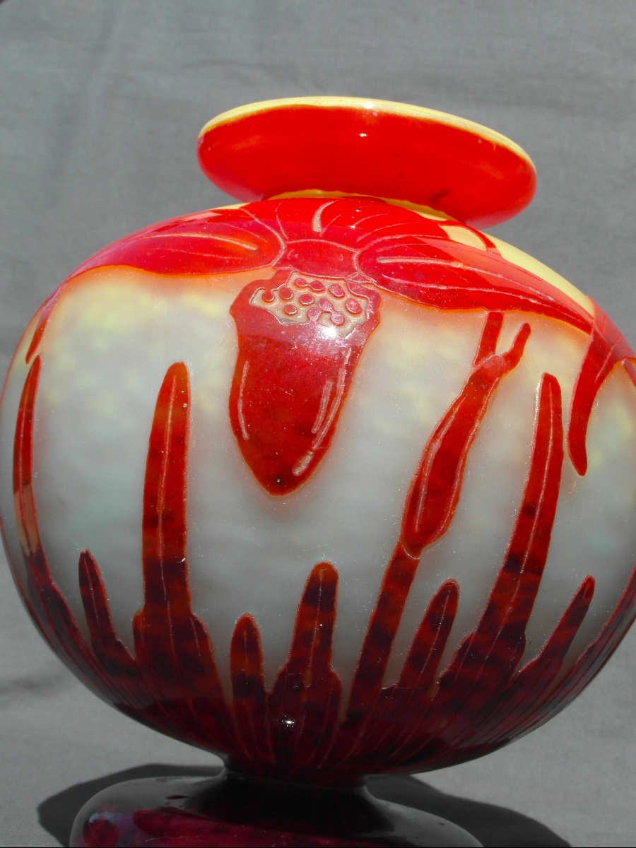 Art Deco Ball Vase With Orchid Decoration By Schneider, French Glass, Circa 1920, Daum-photo-4
