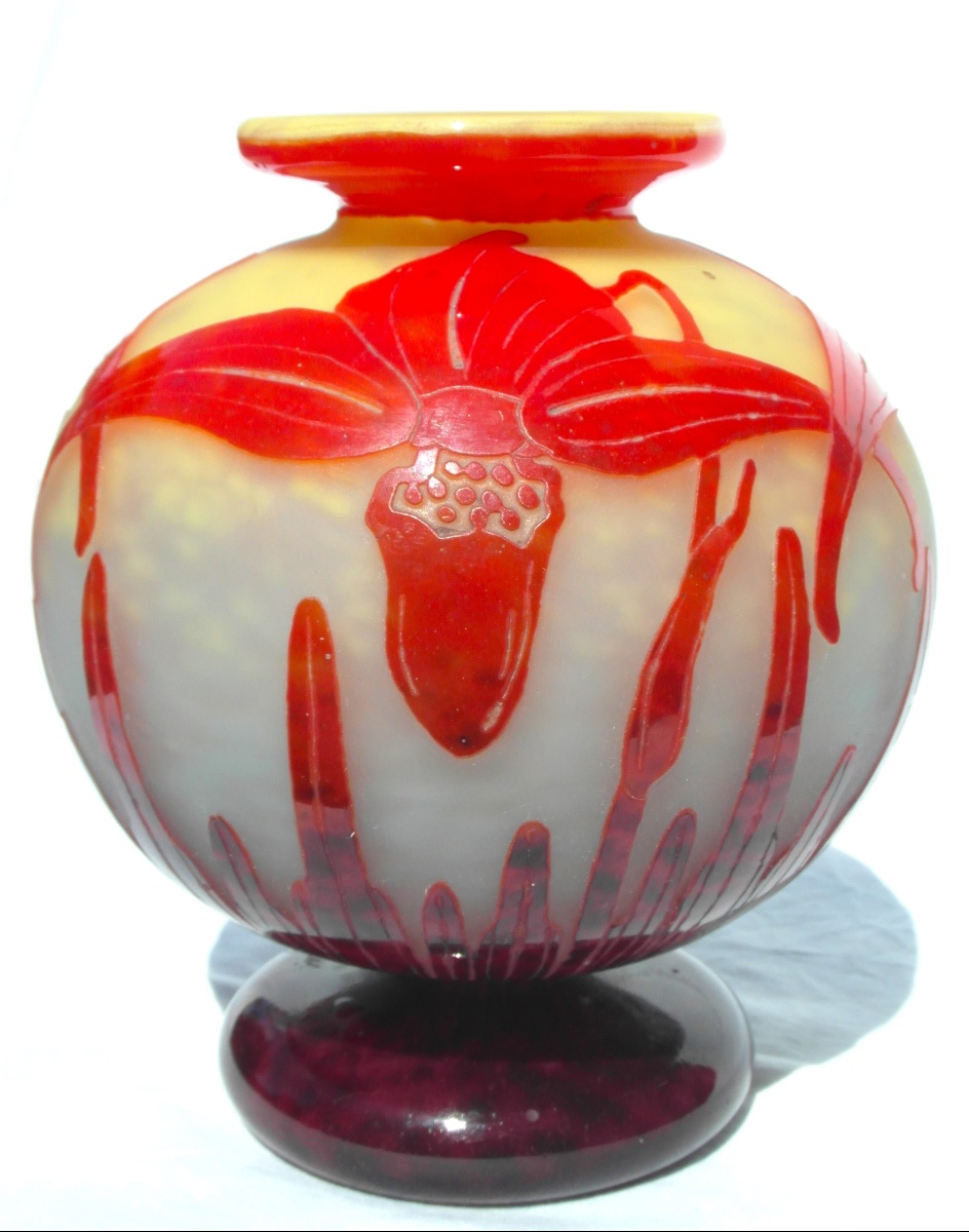 Art Deco Ball Vase With Orchid Decoration By Schneider, French Glass, Circa 1920, Daum-photo-2