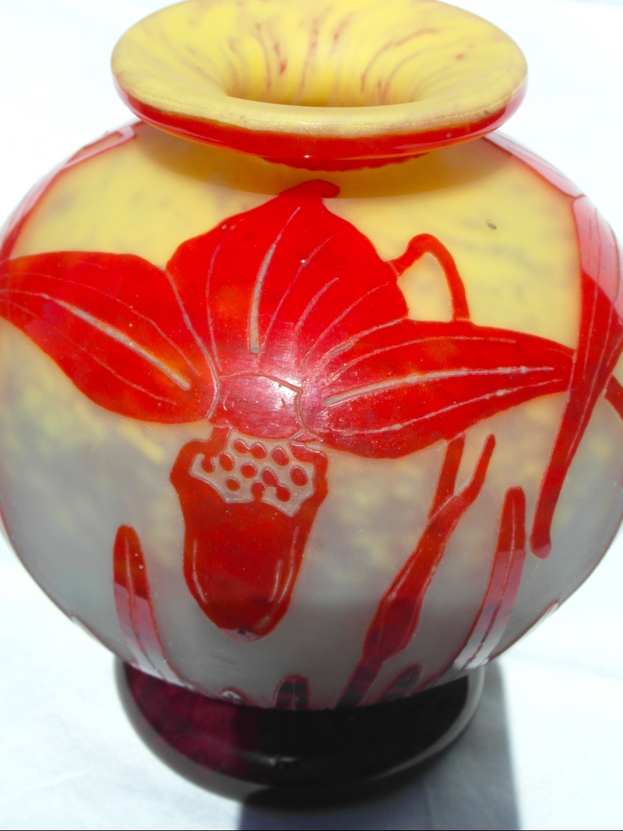 Art Deco Ball Vase With Orchid Decoration By Schneider, French Glass, Circa 1920, Daum-photo-3