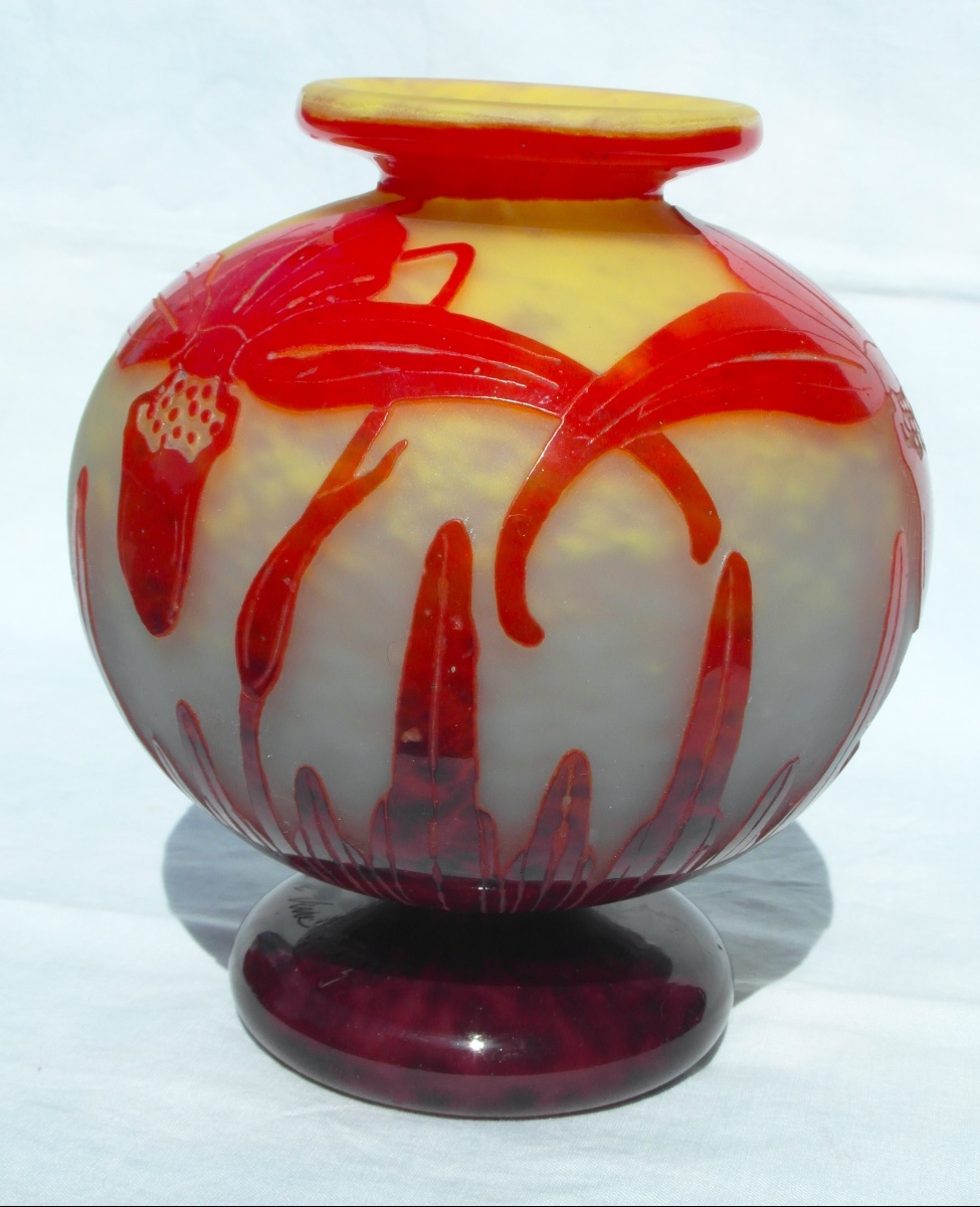 Art Deco Ball Vase With Orchid Decoration By Schneider, French Glass, Circa 1920, Daum-photo-4