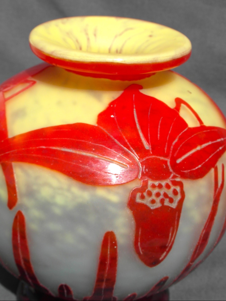 Art Deco Ball Vase With Orchid Decoration By Schneider, French Glass, Circa 1920, Daum-photo-5