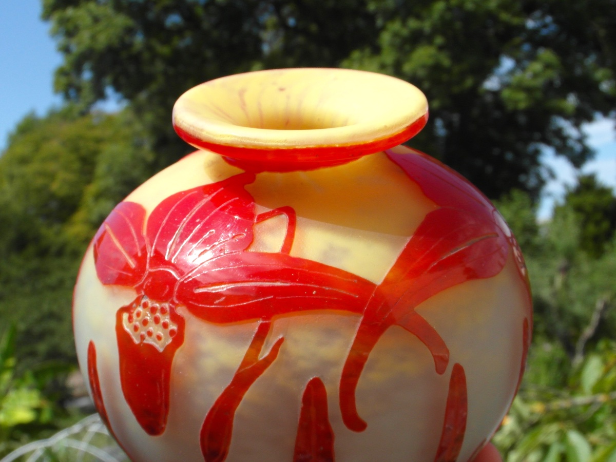 Art Deco Ball Vase With Orchid Decoration By Schneider, French Glass, Circa 1920, Daum-photo-6